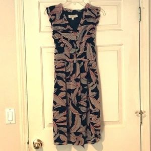 Leaf-Pattern Tie-back Black/Orange Midi Dress